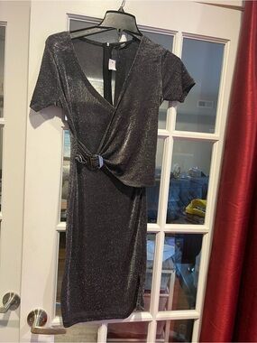 UMM  Italian Black Sparkle Midi Wrap Dress with Buckle Detail
